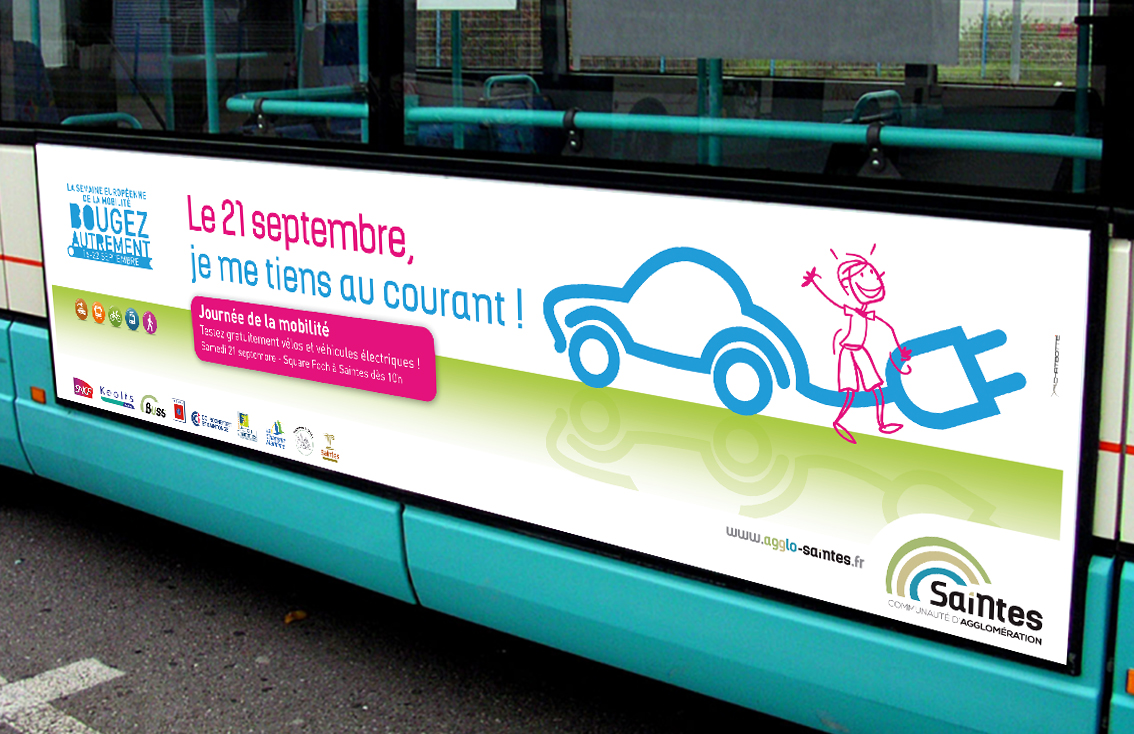 Création et conception par l'agence de communication CHAT BOTTÉ à proximité de Rochefort des supports de communication pour la journée de la mobilité pour la CDA de Saintes